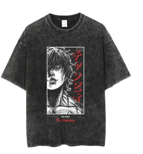 Water washed retro T-shirt street hip-hop anime dragon bead cartoon print graphic casual cotton summer short sleeved