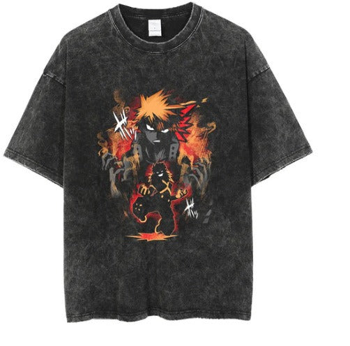Water washed retro T-shirt street hip-hop anime dragon bead cartoon print graphic casual cotton summer short sleeved