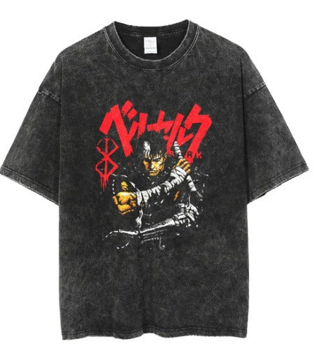 Water washed retro T-shirt street hip-hop anime dragon bead cartoon print graphic casual cotton summer short sleeved