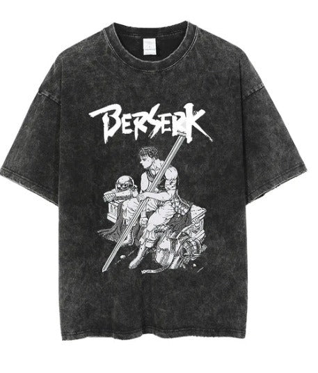 Water washed retro T-shirt street hip-hop anime dragon bead cartoon print graphic casual cotton summer short sleeved