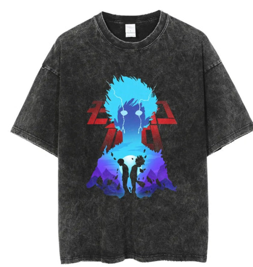 Water washed retro T-shirt street hip-hop anime dragon bead cartoon print graphic casual cotton summer short sleeved
