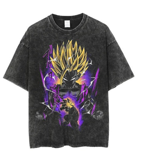 Water washed retro T-shirt street hip-hop anime dragon bead cartoon print graphic casual cotton summer short sleeved
