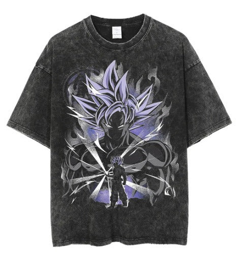Water washed retro T-shirt street hip-hop anime dragon bead cartoon print graphic casual cotton summer short sleeved