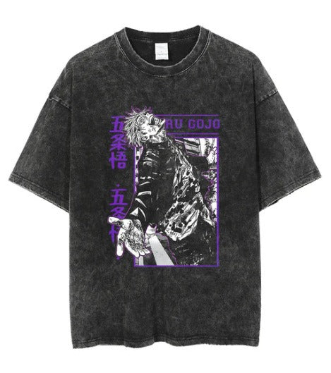 Water washed retro T-shirt street hip-hop anime dragon bead cartoon print graphic casual cotton summer short sleeved