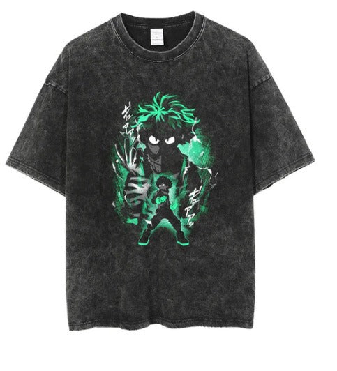 Water washed retro T-shirt street hip-hop anime dragon bead cartoon print graphic casual cotton summer short sleeved
