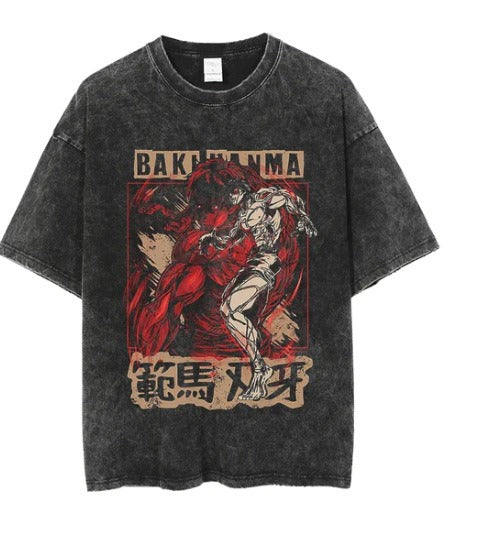 Water washed retro T-shirt street hip-hop anime dragon bead cartoon print graphic casual cotton summer short sleeved