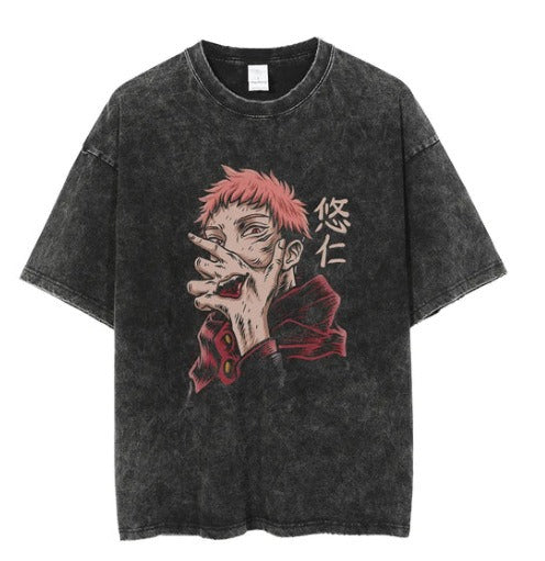 Water washed retro T-shirt street hip-hop anime dragon bead cartoon print graphic casual cotton summer short sleeved